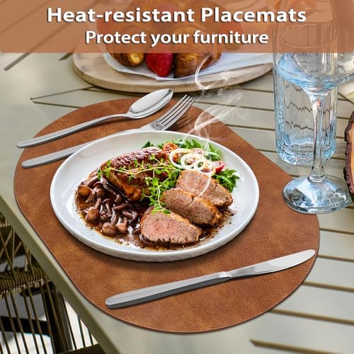 ADRIMER Oval Placemats Set of 6, Wipeable Faux Leather, Turmeric Brown