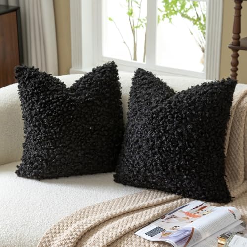 MANDIOO 2 Pieces 18x18 Inch Black Faux Fur Throw Pillow Covers Boucle