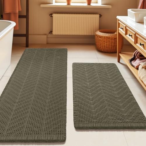 IM HOME Upgrade Waffle Bath Mat Set 2 Piece, Greyish Green, Boho