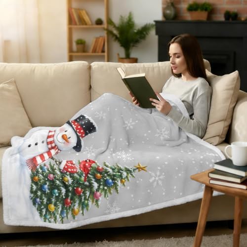 Winter Snowman Sherpa Fleece Blanket Neutral Christmas Tree Red