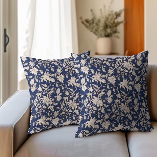 Navy Blue Floral Block Print Throw Pillow Covers 22x22 Inch Set of 2