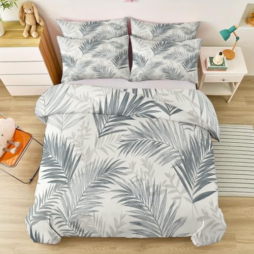Gray Beige Duvet Cover King - Modern Decorative Plant Palm Leaf