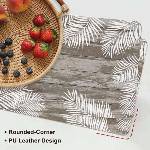 Minimalist White Palm Leaves Leather Placemats Set of 6, 12x18 Inch