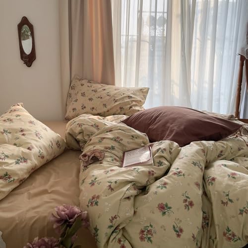 MKXI Yellowish Beige & Red Floral Duvet Cover Set Queen Size - 3 Piece