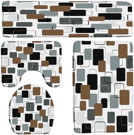 4PC Brown Black Bath Mat Set Modern Geometric Abstract Square Grey