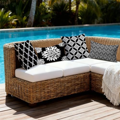 Outdoor Waterproof Throw Pillow Covers 12x20 Set of 4 Black and White