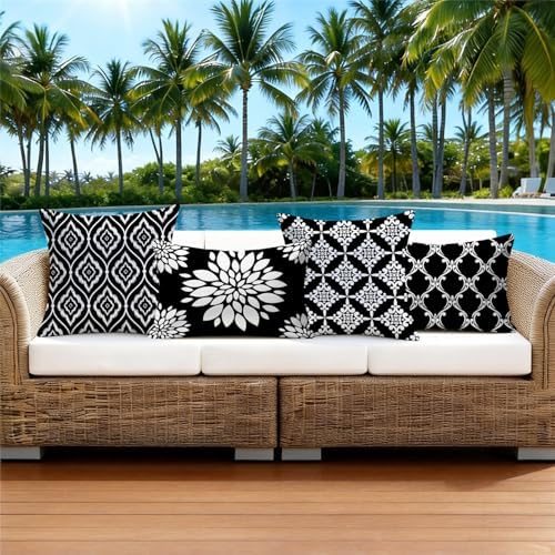 Outdoor Waterproof Throw Pillow Covers 12x20 Set of 4 Black and White