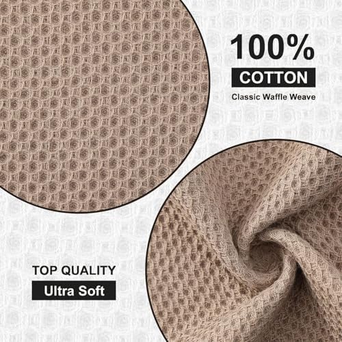 Kitinjoy 100% Cotton Waffle 6-Pack Kitchen Towels, 12" x 12", Tan