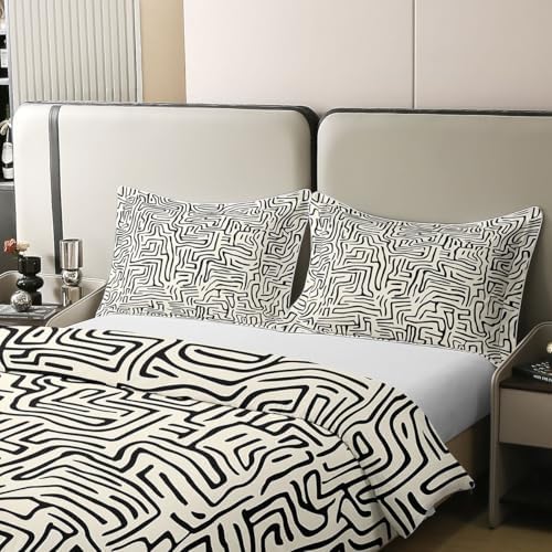 jejeloiu Black and Beige Duvet Cover 100% Cotton King Size Stripes