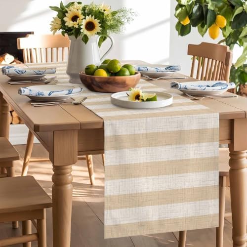 Beige Stripe Burlap Table Runner 90 Inches Long, Rustic Linen Texture