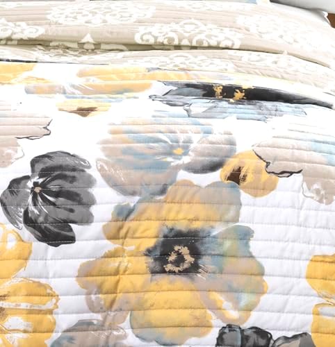 Lush Decor Leah Reversible Floral Quilt Set, 3 Piece Set, King, Yellow