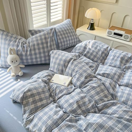 Modern Gingham Grid Duvet Cover Set, 100% Washed Cotton Plaid Boho