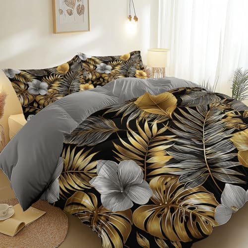 King Duvet Cover Set, Modern Flowers Leaves Elegant Reversible Design