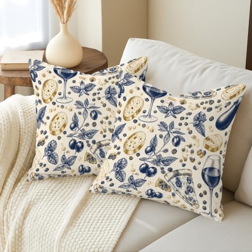 Wine Glass Throw Pillow Covers Set of 2, Gourmet Rustic Bread Olive