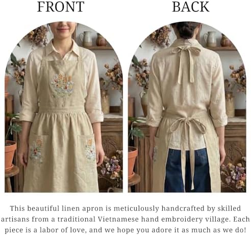 +Linen Embroidered +Apron For +Women With +Pockets, Cute Kitchen