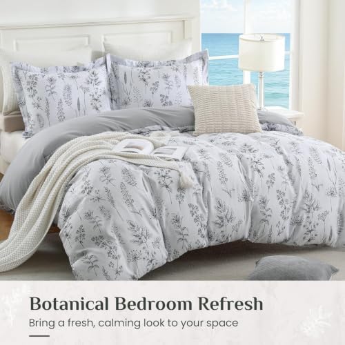 JOLLYVOGUE Floral Duvet Cover King, 3Pcs Reversible Grey Duvet Cover