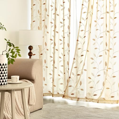 MIULEE Beige Sheer Curtains 2 Panels Embroidered Leaf Patterned, W52 x
