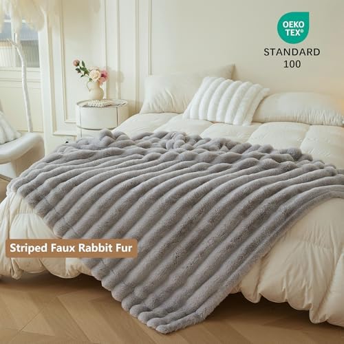 MEGO Fluffy Faux Rabbit Fur Ribbed Throw Blanket 60"x80", Gray