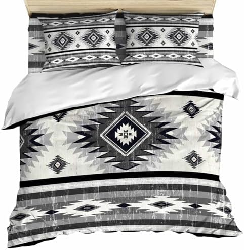 Gray Boho Duvet Cover Set, Southwestern Ethnic Aztec Retro Geometric