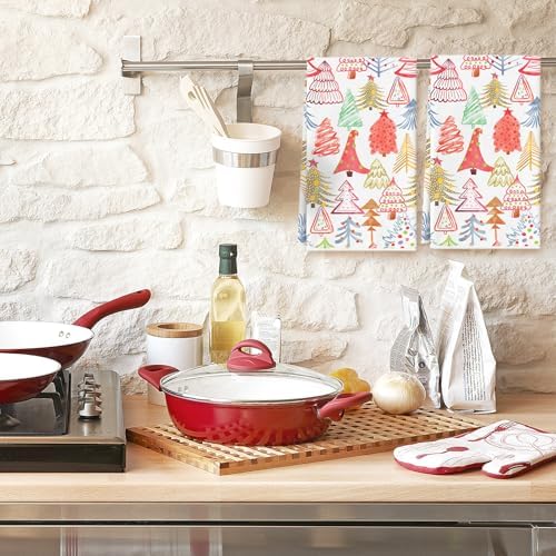 Whaline 2Pcs Boho Christmas Kitchen Towel Colorful Xmas Tree Dish