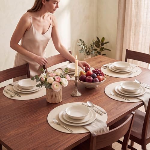 SHACOS Faux Leather 13" Round Placemats Set of 6 White Oak Beige Place