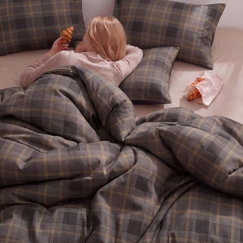 100% Cotton Buffalo Plaid Duvet Cover Queen Size – Taupe Gingham Duvet