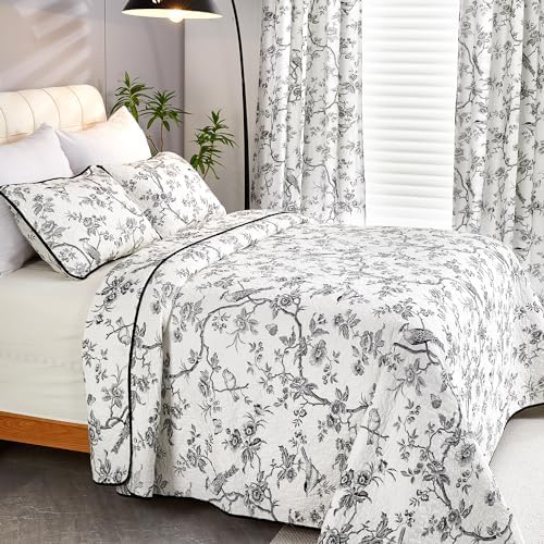 EVENHUG 100% Cotton Quilt Queen Size Black Bird Bedding Set Double