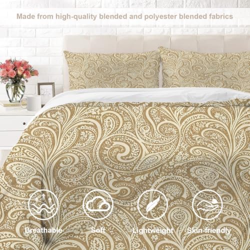 Beige Paisley Elegance 100% Cotton Duvet Cover Set Queen Size, Vintage