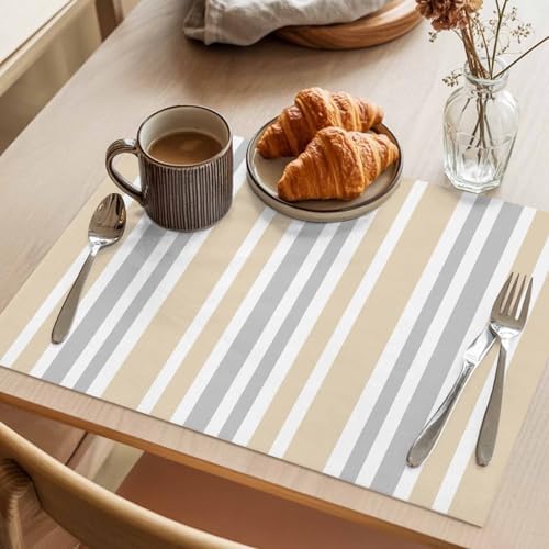 Placemats Set of 6, Beige Grey Stripe Cotton Linen Place Mats