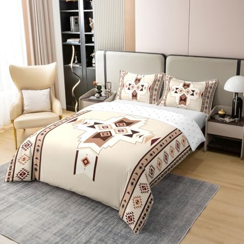 Beige Boho Duvet Cover Queen Size for Kids Boys Teens,Aztec Texture