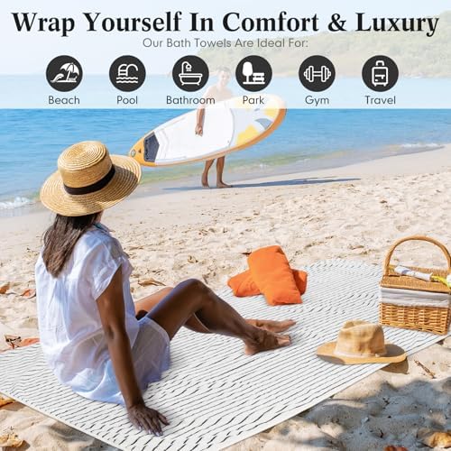 4 Pieces Extra Large Black and White Striped Bath Towels Set