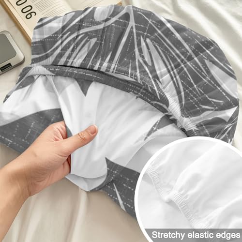Twin XL Sheet Set Grey Palm Leaves Bed Sheets Set with 16 Inch Deep