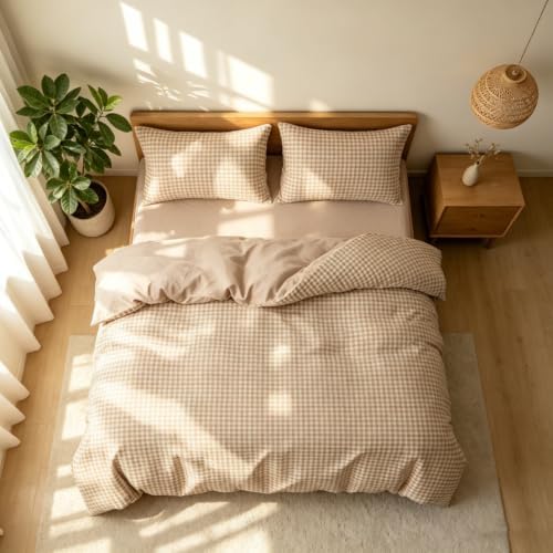 Khaki Gingham Duvet Cover Set Soft Bedding Cover 3 Pieces Bedroom