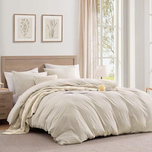 Andency Cream Gingham Duvet Cover Twin, 100% Wash Cotton Bedding