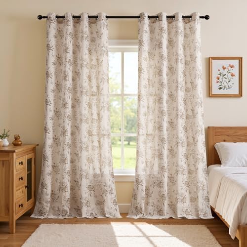 Vintage Linen Curtains with Silver Thread Brown Floral, 52x95 Inch 2