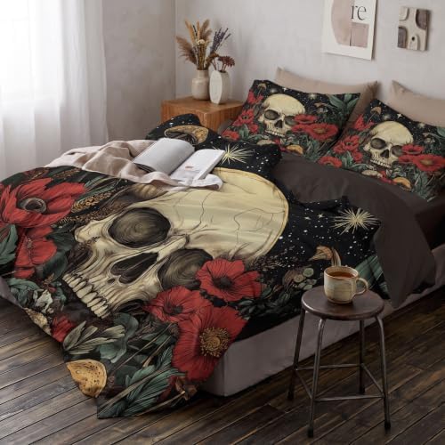 Charcoal Gray Gothic Skull Starry Sky Duvet Cover Set for Women Girls
