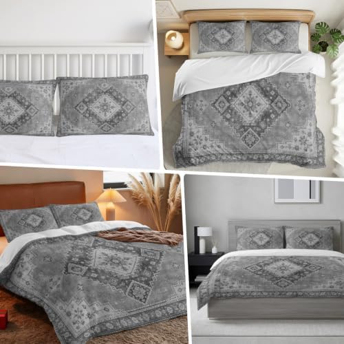 Duvet Cover Full Size, Grey Boho 3-Piece Bedding Quilt/Comforter