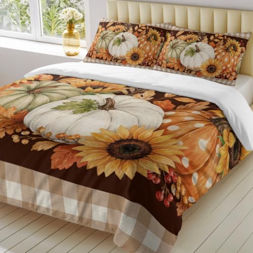 Duvet Cover Cal King Size, Thanksgiving Pumpkins 3-Piece Bedding
