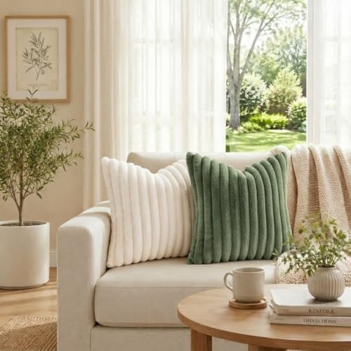 Simmore Faux Fur Striped Olive Green Throw Pillow Covers 22x22 Set of