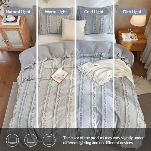 Bailix Floral Striped Duvet Cover Set Queen Size, 100% Washed Cotton