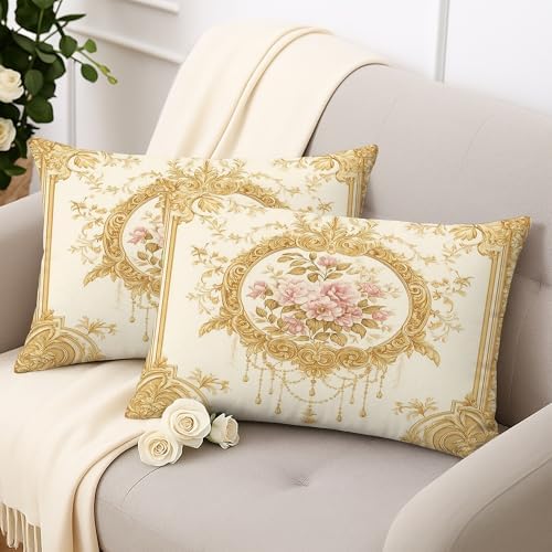 Elegant Floral Throw Pillow Covers Set of 2, Cream Gold Vintage Rose