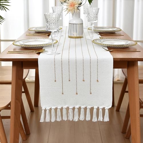 Boho Table Runner Natural Cotton Woven Runner with HandmadeTassels for