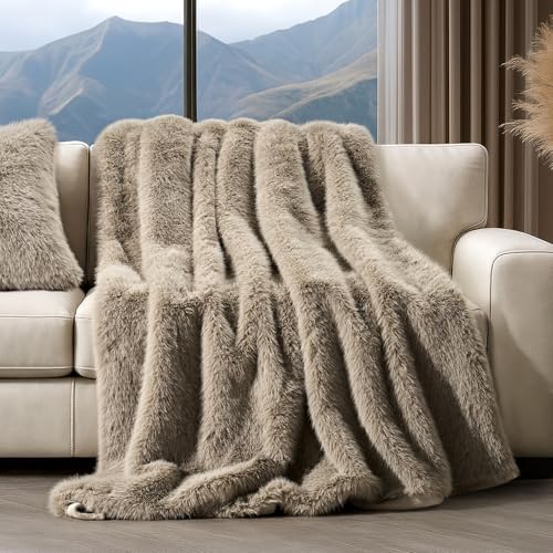 EVERGRACEHOME Luxury Faux Fur Throw Blanket, 50"x60", Natural Mink