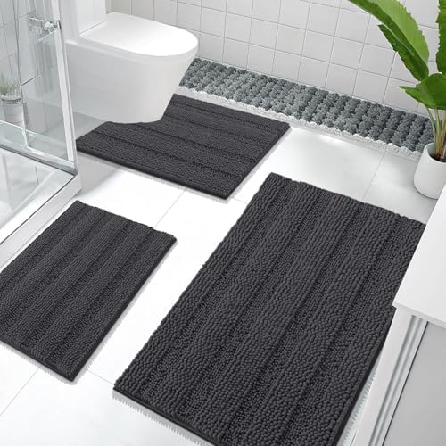 OLANLY Thick Chenille Bathroom Rugs Sets 3 Piece