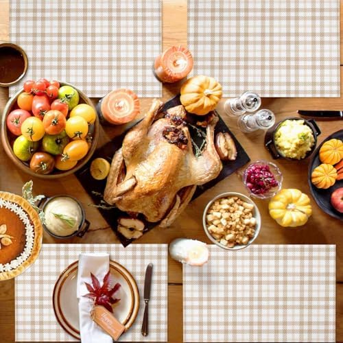 Placemats Set of 8, Farmhouse Pastoral Khaki Tartan Plaid Washable