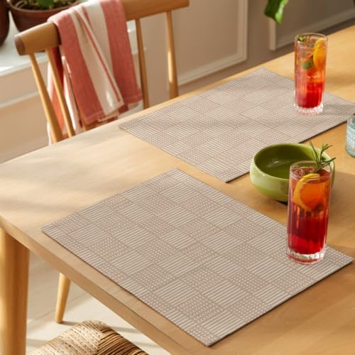 Minimalist Gingham Placemats Set of 8, Rustic Woven Grid Lines Beige