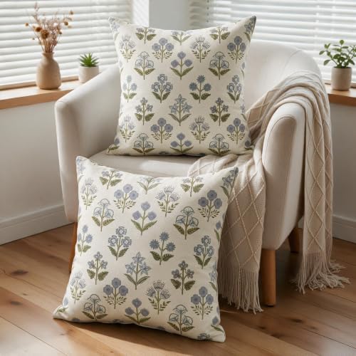 Farmhouse Floral Throw Pillow Covers 22x22 Set of 2, Blue Green