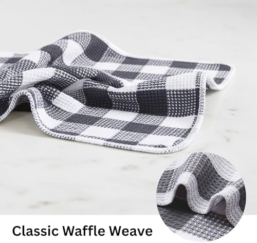 Waffle Weave Plaid Dish Cloth, Dish Cloth 12x12"S/6 - Steel Gray &