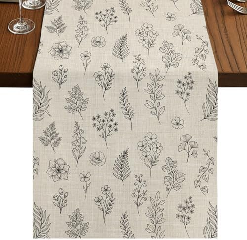 Vintage Beige Botanical Table Runner 108 Inch Long Dresser Scarves