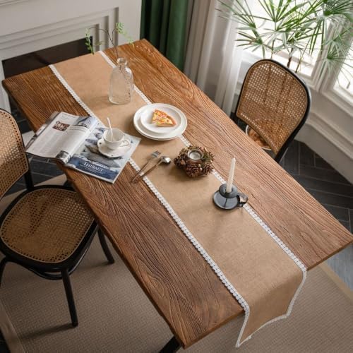 118.1 Inch Long Kitchen Table Runner,Cotton Linen Blend,Khaki White